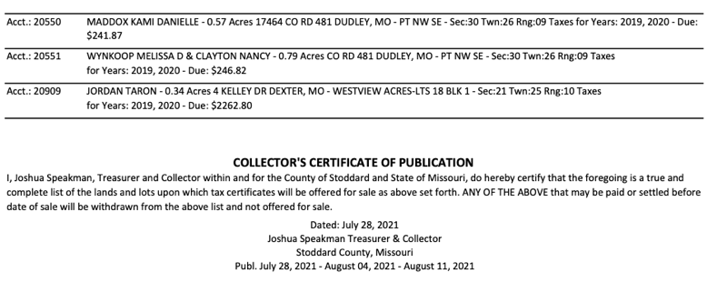 Stoddard County Notice of Tax Certificate Sale - Page 5 - Updated 8/9/2021