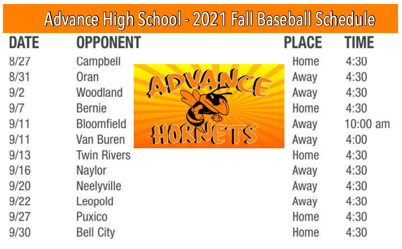 Advance High School 2021 Fall Baseball Schedule
