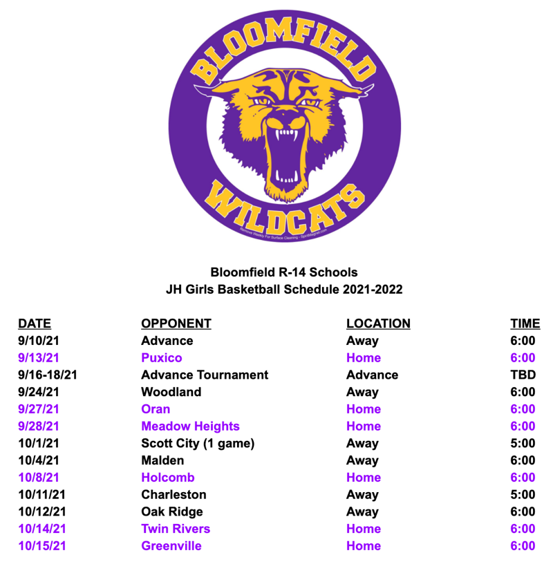 Bloomfield Junior High Girls 2021 Basketball Schedule