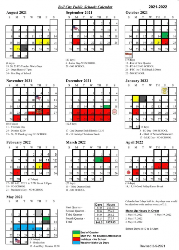 Bell City Public Schools 2021-2022 Calendar