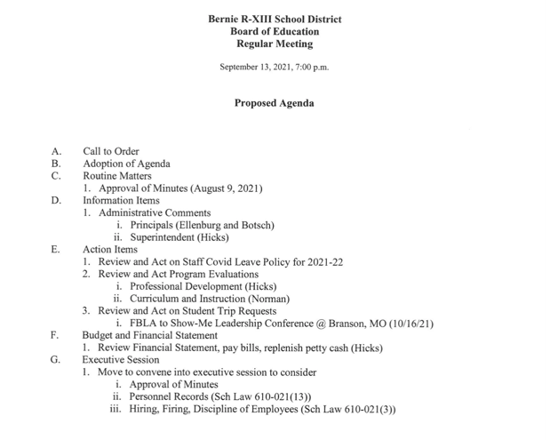 Bernie R-XIII School District - Board of Education Meeting Agenda - September 13, 2021