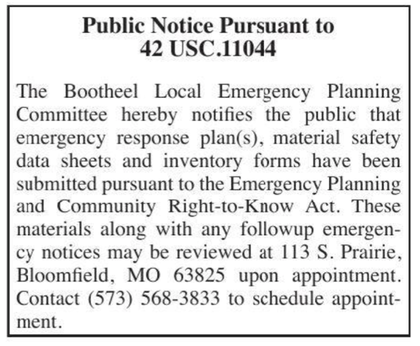 Bootheel Local Emergency Planning Committee Public Notice