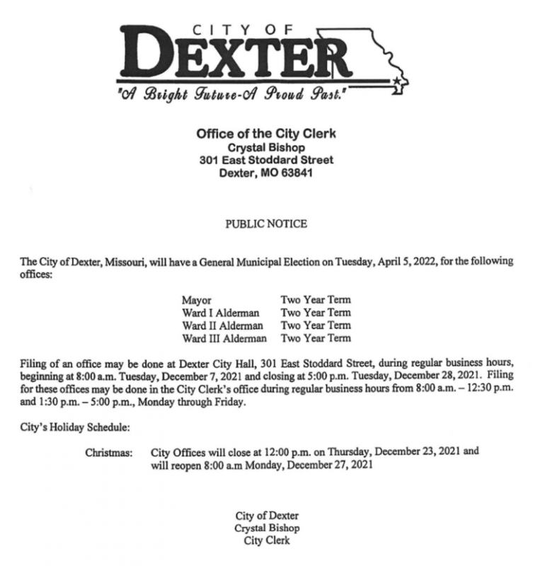 City of Dexter Municipal Election Information April 2022