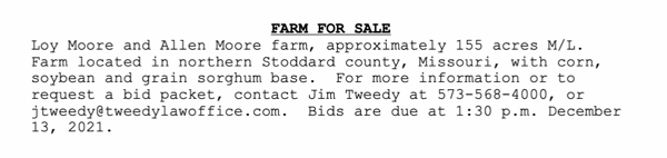 Farm for Sale - Bids Due by December 13, 2021