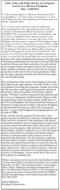 Early Notice and PUblic Review of a Proposed Activity in a 100-Year Floodplain