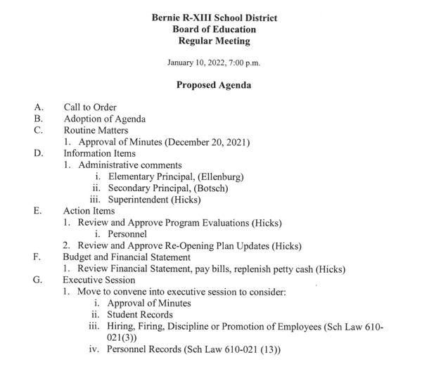 Bernie R-XIII School District - Board of Education Meeting Agenda - January 10, 2022