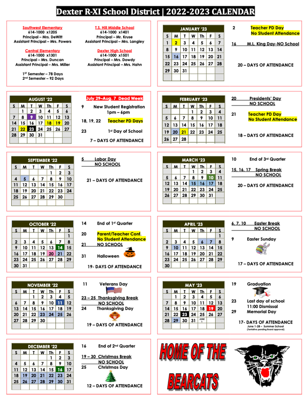 2022 - 2023 Dexter School Calendar
