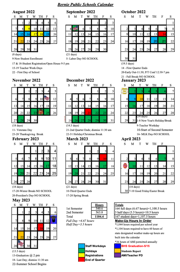 Bernie R XIII School District Calendar for 2022 2023