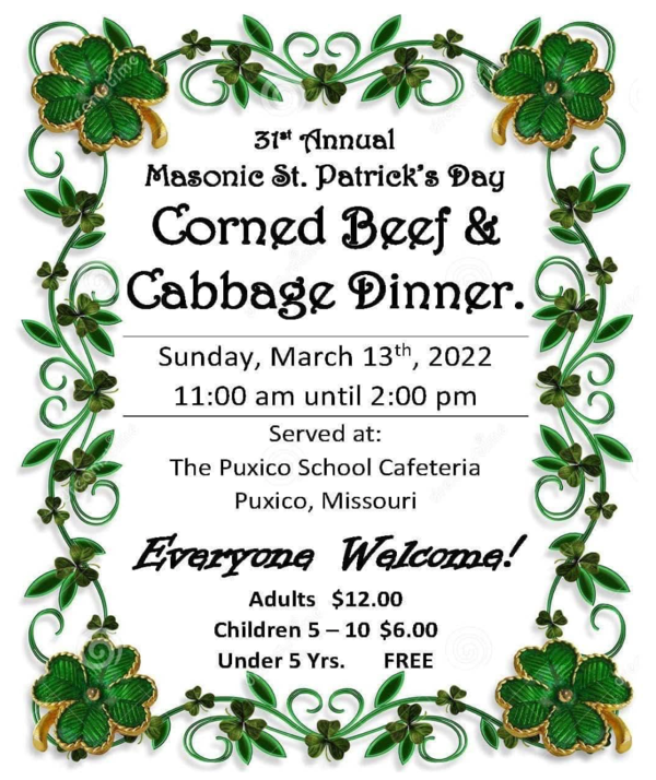 31st Annual Masonic St. Patrick's Day Corned Beef and Cabbage Dinner