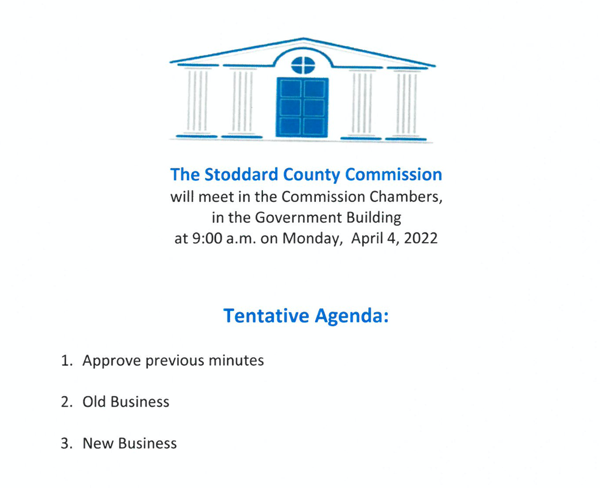 Stoddard County Commissioner Meeting Agenda for Monday, April, 4, 2022