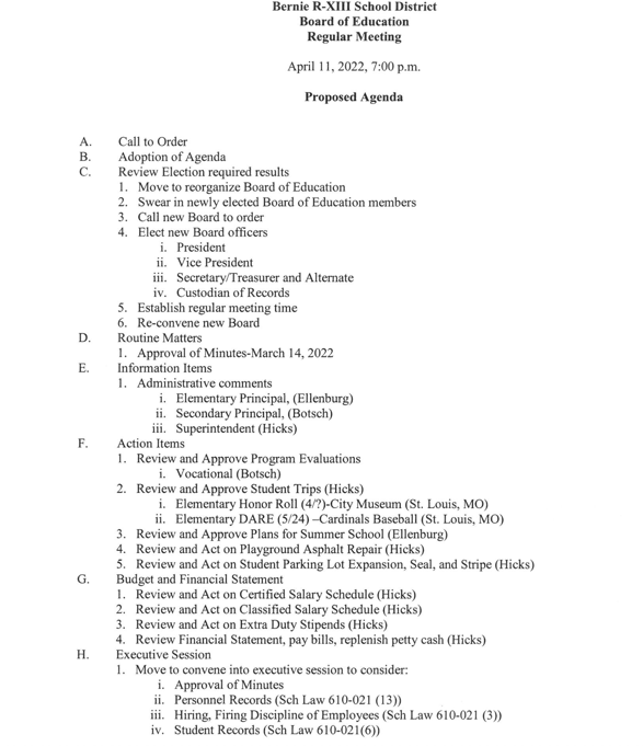 Bernie R-XIII School District Board of Education Meeting Proposed Agenda - April 11, 2022