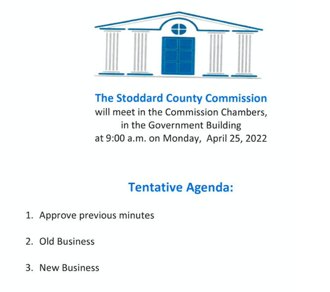 Stoddard County Commissioners Agenda for Monday, April 25, 2022