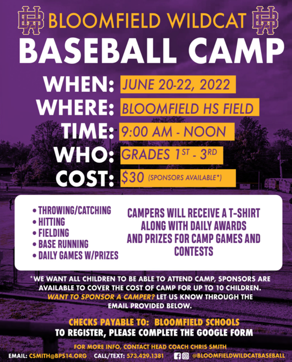 Bloomfield Wildcats Co-Ed Baseball Camp Set - Sign Up Today!