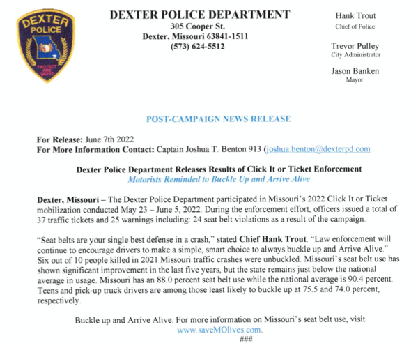 Dexter Police Dept Releases Click-It or Ticket Campaign Results