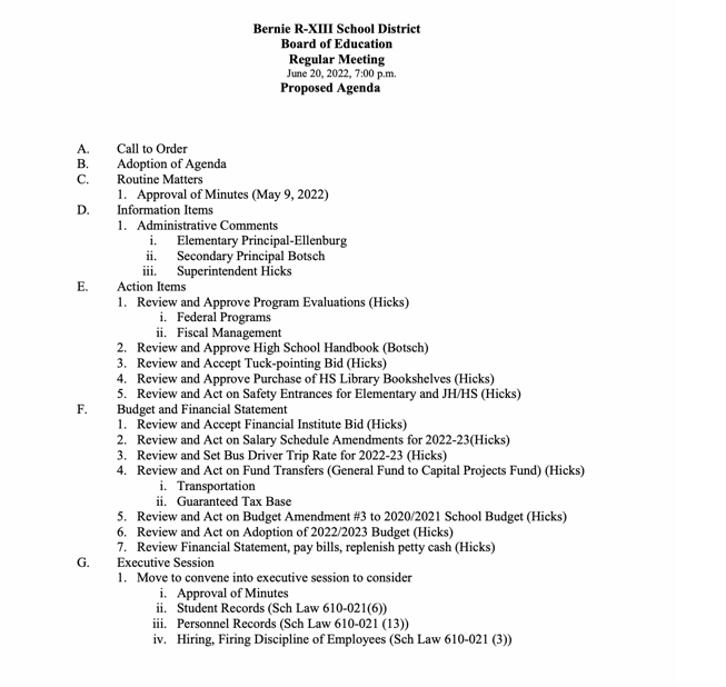 Bernie R-XIII School District - Board of Education Meeting Agenda - June 20, 2022