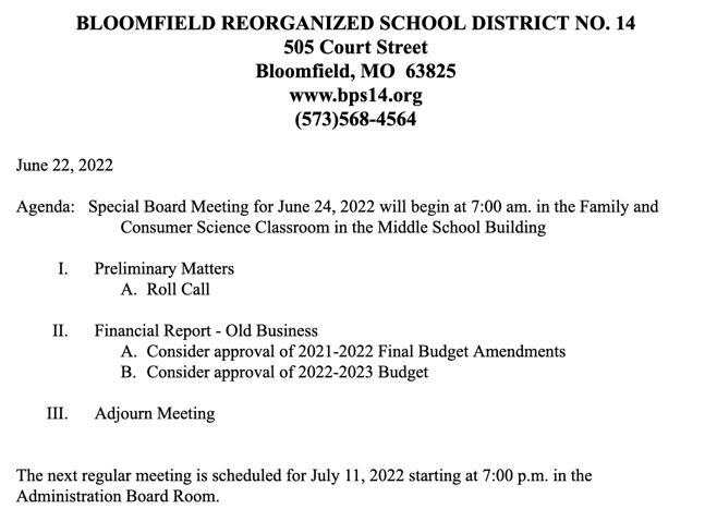 Bloomfield School Board to Have Special Board Meeting on June 24th