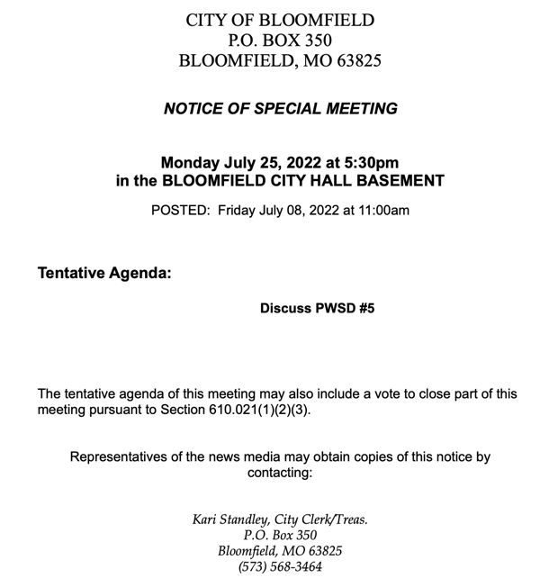 City of Bloomfield Notice of Special Meeting