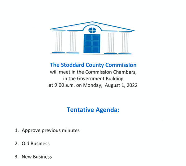 Stoddard County Commissioner Meeting Agenda for Monday, August 1, 2022