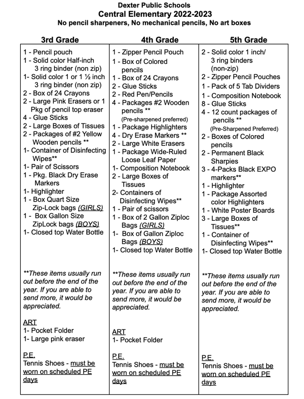 Central Elementary 2022-2023 School Supplies List