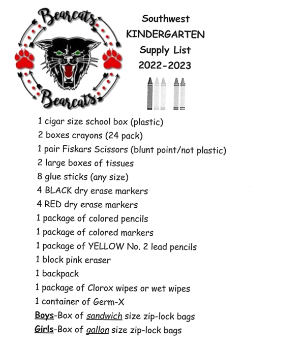 Southwest Elementary Kindergarten Supply List