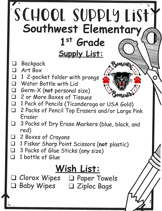 Southwest Elementary 1st Grade School Supply List