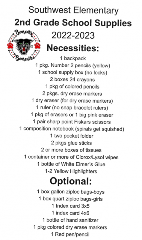 Southwest Elementary 2nd Grade School Supply List