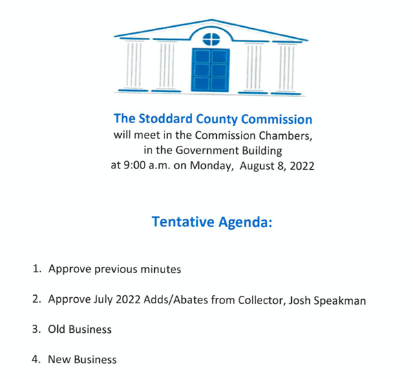 Stoddard County Commission Meeting Agenda for Monday, August 8, 2022