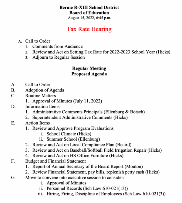 Bernie R-XIII School District Board of Education Tax Rate Hearing and Regular Meeting Agenda