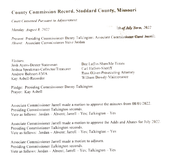 County Commission Record, Stoddard County, MO - Minutes from August 8, 2022