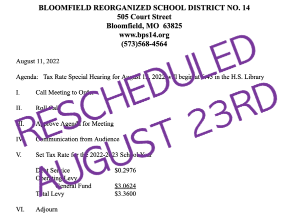 Bloomfield School District Tax Rate Special Hearing