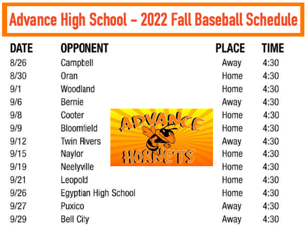 2022 Fall Baseball Schedule for Advance High School