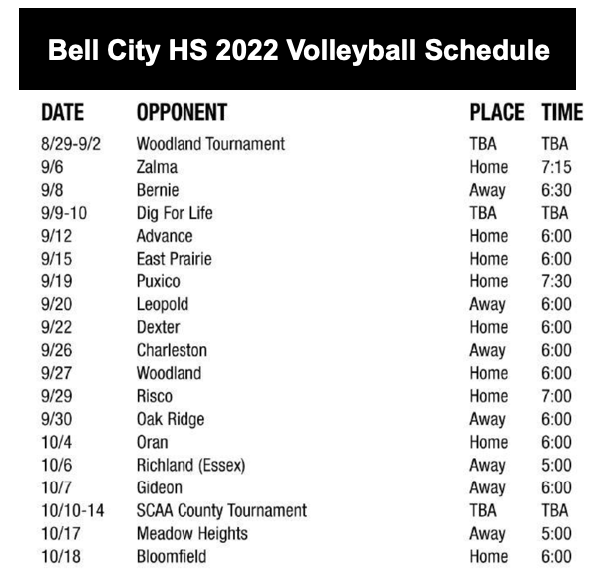 2022 Bell City High School Volleyball Schedule