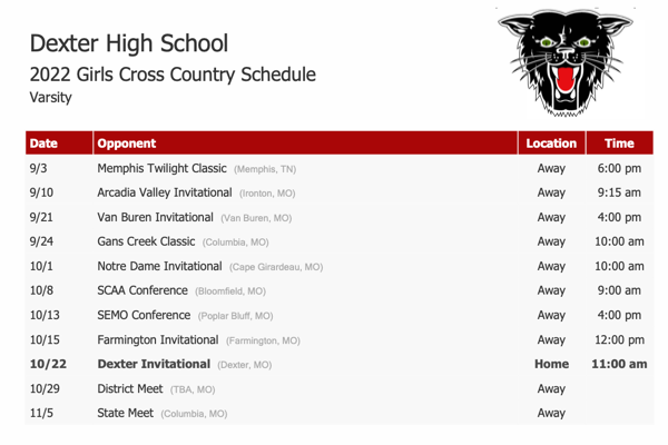 2022 Dexter High School Girls Cross Country Schedule