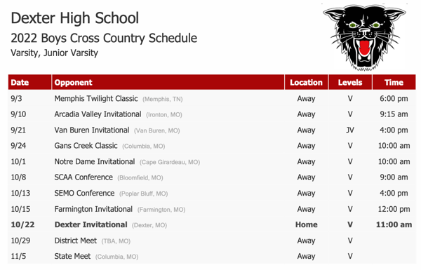 2022 Dexter High School Boys Cross Country Schedule