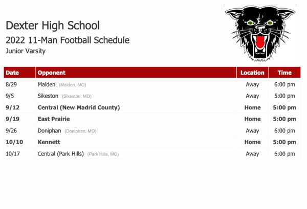 2022 Dexter High School Junior Varsity Football Schedule