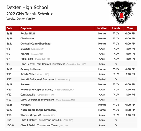 2022 Dexter High School Girls Tennis Schedule
