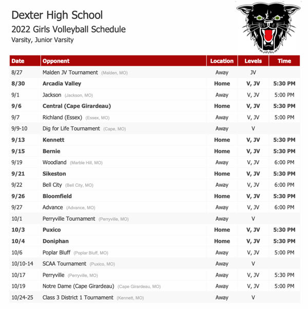 2022 Dexter High School Girls Volleyball Schedule