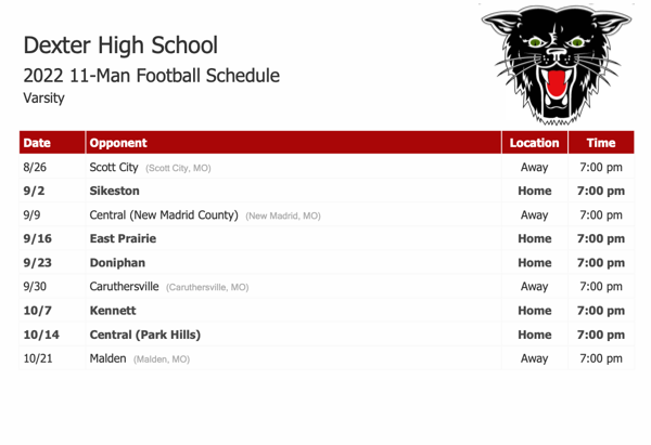 2022 Dexter High School Varsity Football Schedule