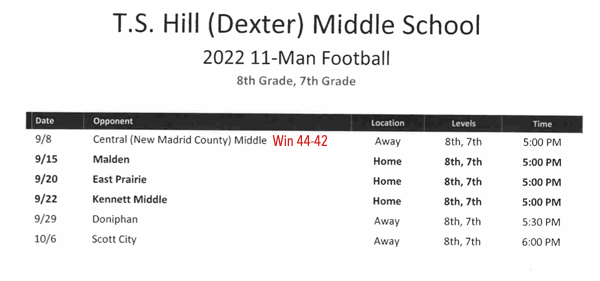 2022 T.S. Hill Middle School Football Schedule