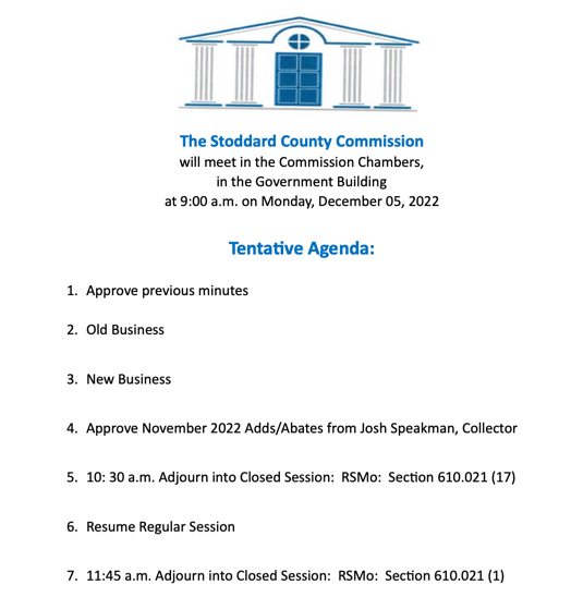 Stoddard County Commission Agenda for Monday, December 5, 2022