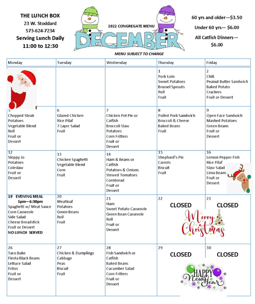 The Lunch Box December 2022 Menu