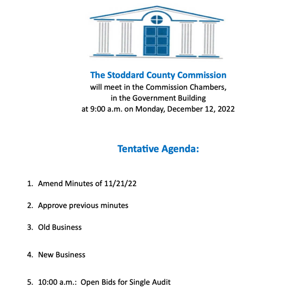 Stoddard County Commission Meeting Agenda for Monday, December 12, 2022