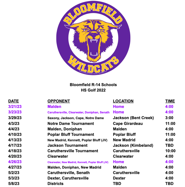 2023 Bloomfield High School Golf Schedule