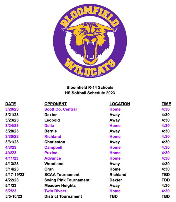2023 Bloomfield High School Softball Schedule