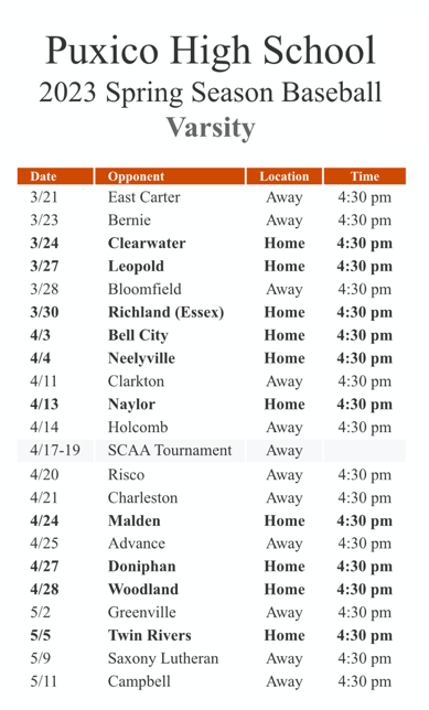 2023 Puxico High School Baseball Schedule