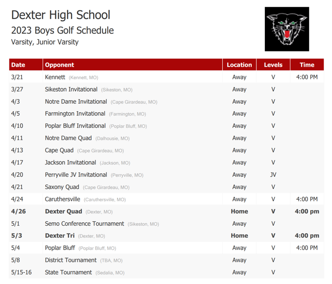2023 Dexter High School Golf Schedule