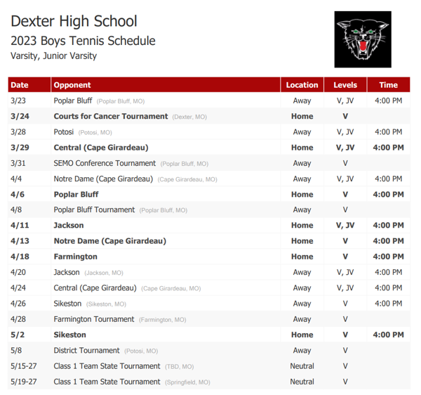 2023 Dexter High School Boys Tennis Schedule