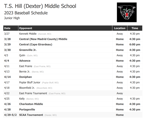 2023 Dexter Middle School Baseball Schedule