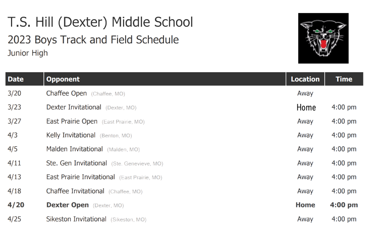 2023 Dexter Middle School Track Schedule