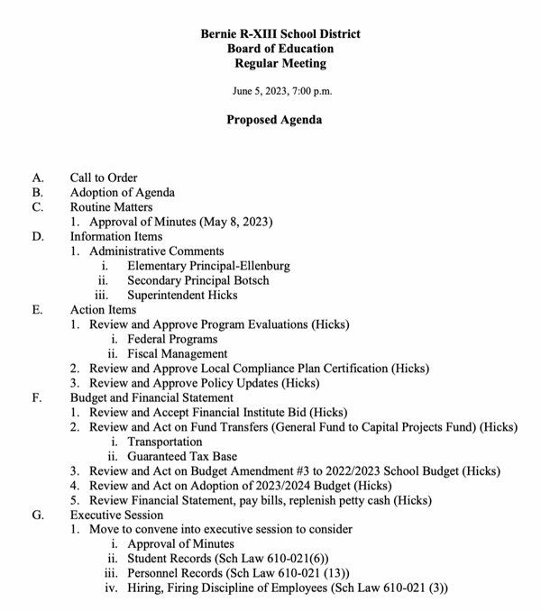 Bernie R-XIII School District Board of Education Proposed Agenda for June 5, 2023